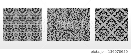 Geometric floral set of seamless patterns. Gray and black vector backgrounds. Damask graphic ornaments Geometric floral set of seamless patterns. Gray and black vector backgrounds. Damask graphic ornaments 136070630