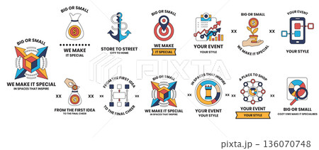 The image is a collection of different icons and symbols, including a heart 136070748