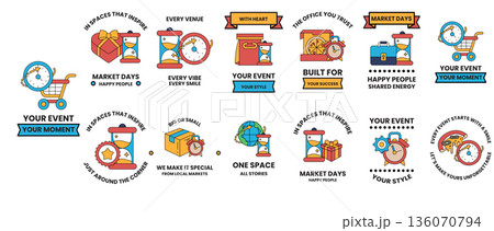 A collection of colorful icons that say "Your Event Your Moment" 136070794