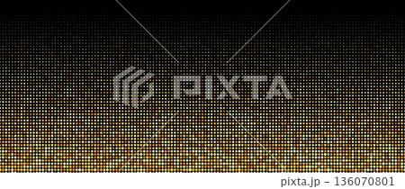 Gold color halftone gradient. Abstract golden dotted pattern background. Pop art comic glitter backdrop texture. Yellow confetti wallpaper for banner, poster, flyer, party decor, presentation. Vector 136070801