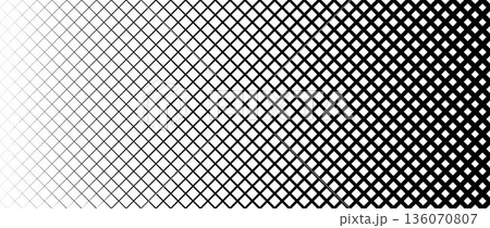Thick to thin grid pattern gradient. Fading net gradation texture background. Black repeating mesh backdrop for overlay, cover, banner, poster. Vanishing overlapping lattice wallpaper. Vector 136070807