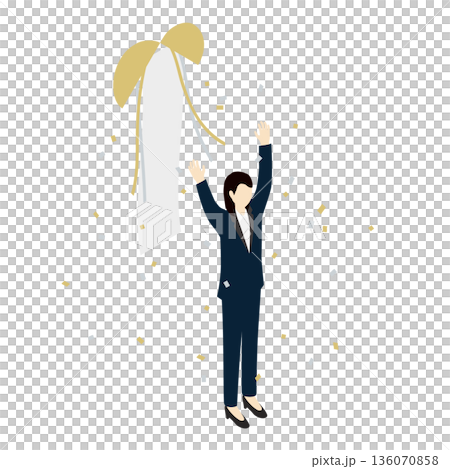等距視角插圖,描繪了一位女性領導者慶祝成功和勝利的場景。 等距視角插圖,描繪了一位女性領導者慶祝成功和勝利的場景。 136070858