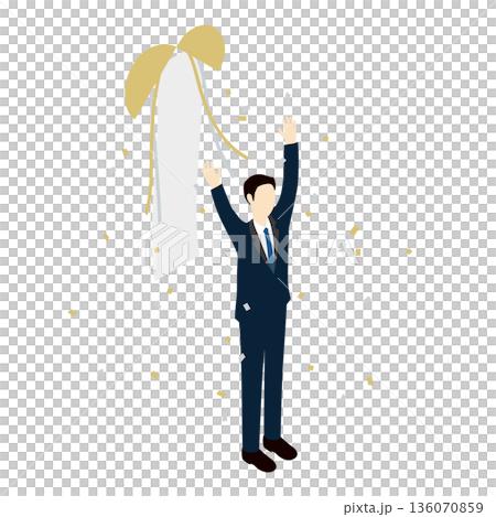 等距視角插圖，描繪了一位男性領導者慶祝成功和勝利的場景。 136070859