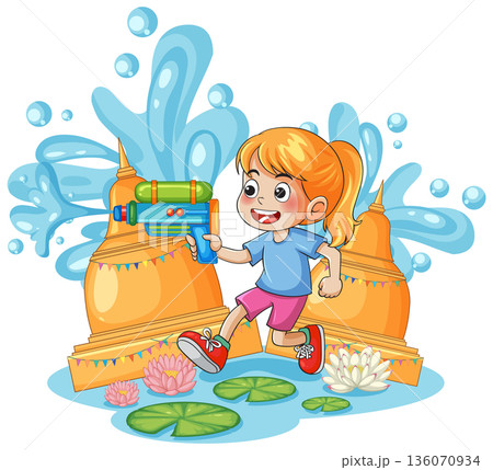 Cartoon Girl Playing with Water Gun During Songkran Festival Celebration 136070934