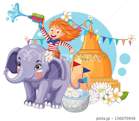 Cartoon Girl Riding Elephant Spraying Water Gun for Songkran Festival Celebration Cartoon Girl Riding Elephant Spraying Water Gun for Songkran Festival Celebration 136070936