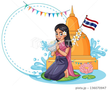 Thai Woman Celebrating Songkran Festival with Water Bowl and Pagoda Background 136070947