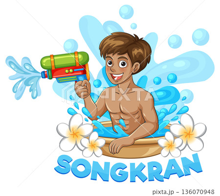 Young Man Celebrating Songkran Festival with Water Gun and Frangipani Flowers Young Man Celebrating Songkran Festival with Water Gun and Frangipani Flowers 136070948