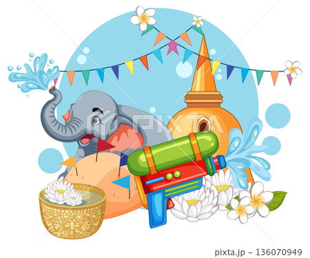 Songkran Festival Vector Illustration with Elephant Water Gun and Pagoda 136070949
