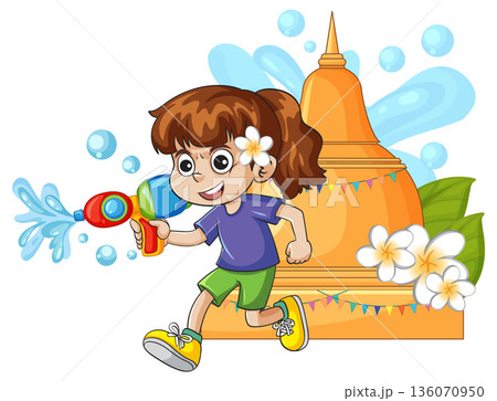 Young Girl Playing with Water Gun During Songkran Festival Celebration Young Girl Playing with Water Gun During Songkran Festival Celebration 136070950