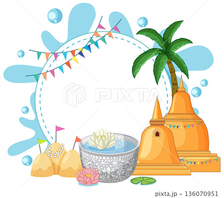 Songkran Festival Vector Illustration with Water Splash and Golden Pagodas 136070951