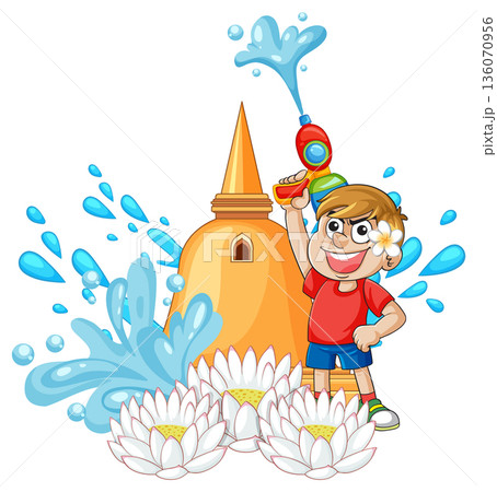 Cartoon Boy Celebrating Songkran Festival with Water Gun and Pagoda 136070956