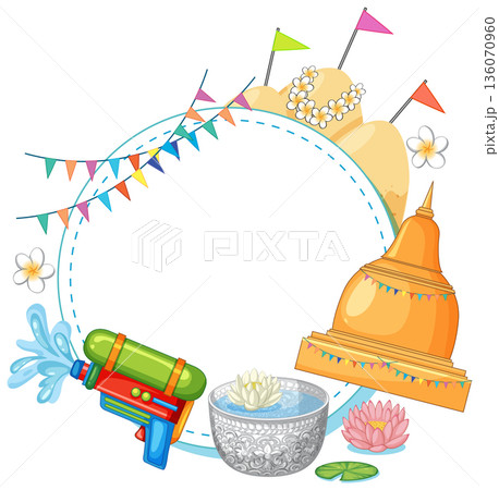 Songkran Festival Vector Frame with Water Gun and Golden Pagoda 136070960