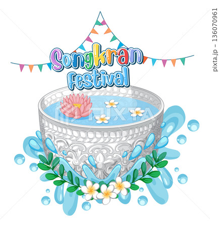 Traditional Thai Songkran Festival Silver Water Bowl with Lotus and Jasmine Flowers 136070961