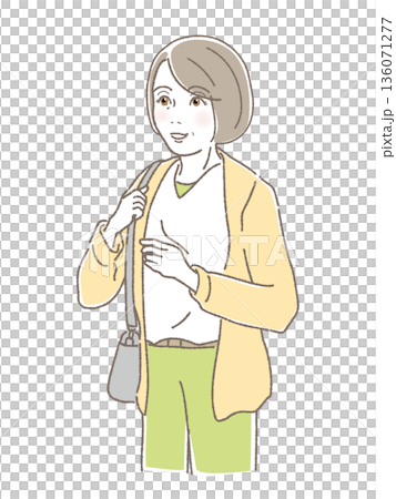 一位老年婦女肩挎包外出，中老年女性，外出、散步、旅行，面帶微笑，向量圖 136071277