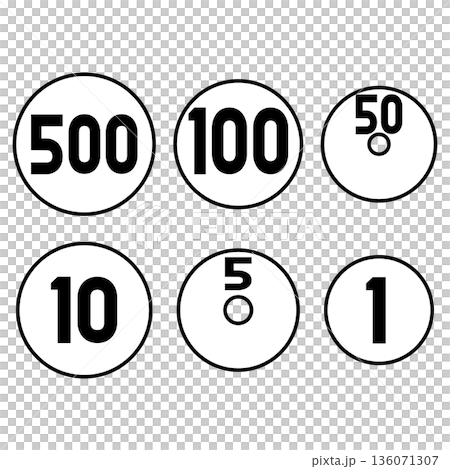 一套六枚日本硬幣（貨幣）的簡單圖示 136071307