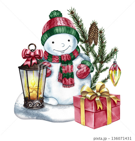 Christmas composition. A snowman with an old lantern, a spruce branch, and a gift box. Hand-drawn watercolor illustration. For making postcards, posters, banners, and more. 136071431