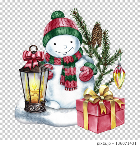 Christmas composition. A snowman with an old lantern, a spruce branch, and a gift box. Hand-drawn watercolor illustration. For making postcards, posters, banners, and more. 136071431