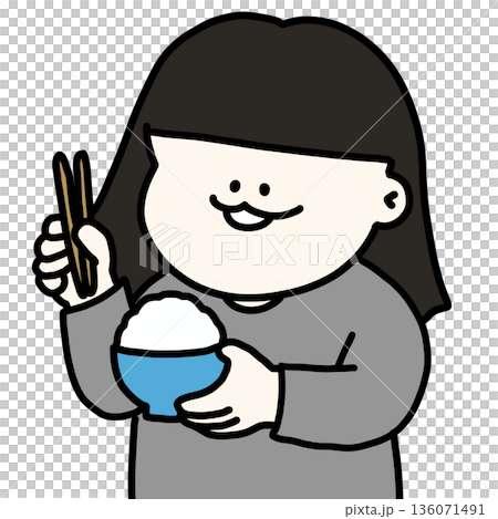 一個女孩手捧一碗飯和一雙筷子,津津有味地吃著。 一個女孩手捧一碗飯和一雙筷子,津津有味地吃著。 136071491