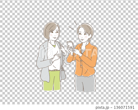 スマホをみながら話をするシニア女性二人組・中高年・友人・お出かけ・旅行・散歩・ベクターイラスト スマホをみながら話をするシニア女性二人組・中高年・友人・お出かけ・旅行・散歩・ベクターイラスト 136071591