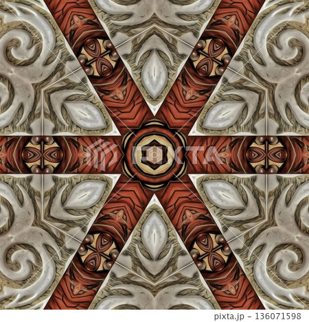 Design features an elegant wooden carved pattern inspired by traditional craftsmanship. Intricate relief and natural wood textures add warmth and depth, ideal for tiles, flooring, wall covering 136071598