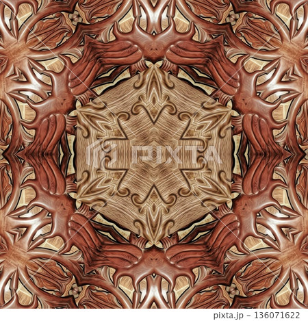 Design features an elegant wooden carved pattern inspired by traditional craftsmanship. Intricate relief and natural wood textures add warmth and depth, ideal for tiles, flooring, wall covering 136071622
