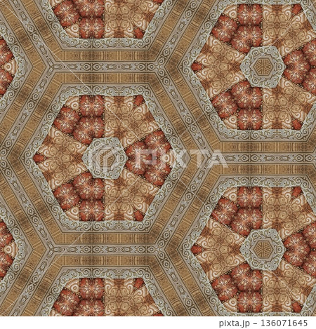 Design features an elegant wooden carved pattern inspired by traditional craftsmanship. Intricate relief and natural wood textures add warmth and depth, ideal for tiles, flooring, wall covering 136071645