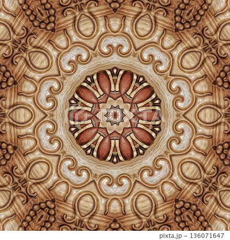 Design features an elegant wooden carved pattern inspired by traditional craftsmanship. Intricate relief and natural wood textures add warmth and depth, ideal for tiles, flooring, wall covering 136071647