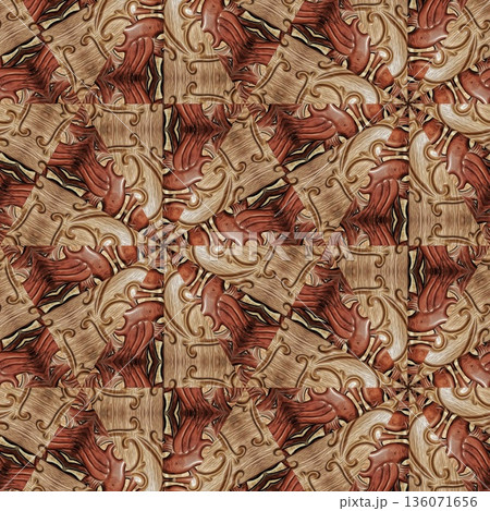 Design features an elegant wooden carved pattern inspired by traditional craftsmanship. Intricate relief and natural wood textures add warmth and depth, ideal for tiles, flooring, wall covering Design features an elegant wooden carved pattern inspired by traditional craftsmanship. Intricate relief and natural wood textures add warmth and depth, ideal for tiles, flooring, wall covering 136071656
