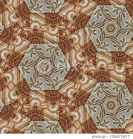 Design features an elegant wooden carved pattern inspired by traditional craftsmanship. Intricate relief and natural wood textures add warmth and depth, ideal for tiles, flooring, wall covering Design features an elegant wooden carved pattern inspired by traditional craftsmanship. Intricate relief and natural wood textures add warmth and depth, ideal for tiles, flooring, wall covering 136071657
