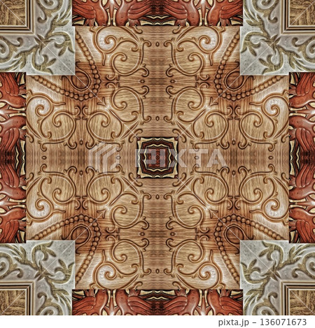 Design features an elegant wooden carved pattern inspired by traditional craftsmanship. Intricate relief and natural wood textures add warmth and depth, ideal for tiles, flooring, wall covering Design features an elegant wooden carved pattern inspired by traditional craftsmanship. Intricate relief and natural wood textures add warmth and depth, ideal for tiles, flooring, wall covering 136071673