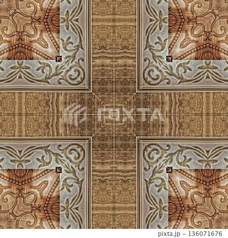 Design features an elegant wooden carved pattern inspired by traditional craftsmanship. Intricate relief and natural wood textures add warmth and depth, ideal for tiles, flooring, wall covering 136071676
