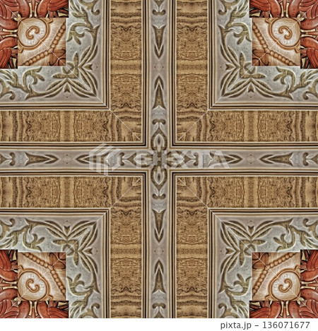 Design features an elegant wooden carved pattern inspired by traditional craftsmanship. Intricate relief and natural wood textures add warmth and depth, ideal for tiles, flooring, wall covering 136071677