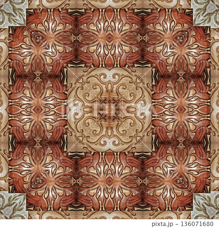 Design features an elegant wooden carved pattern inspired by traditional craftsmanship. Intricate relief and natural wood textures add warmth and depth, ideal for tiles, flooring, wall covering Design features an elegant wooden carved pattern inspired by traditional craftsmanship. Intricate relief and natural wood textures add warmth and depth, ideal for tiles, flooring, wall covering 136071680