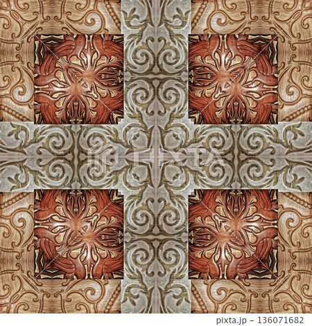 Design features an elegant wooden carved pattern inspired by traditional craftsmanship. Intricate relief and natural wood textures add warmth and depth, ideal for tiles, flooring, wall covering 136071682