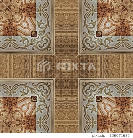 Design features an elegant wooden carved pattern inspired by traditional craftsmanship. Intricate relief and natural wood textures add warmth and depth, ideal for tiles, flooring, wall covering Design features an elegant wooden carved pattern inspired by traditional craftsmanship. Intricate relief and natural wood textures add warmth and depth, ideal for tiles, flooring, wall covering 136071683