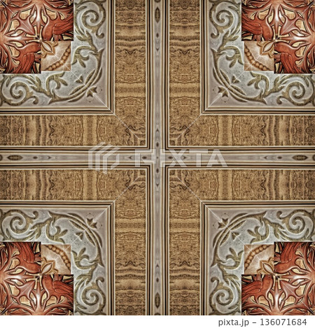 Design features an elegant wooden carved pattern inspired by traditional craftsmanship. Intricate relief and natural wood textures add warmth and depth, ideal for tiles, flooring, wall covering 136071684