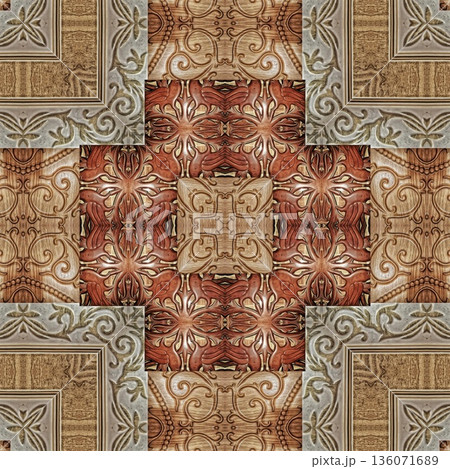 Design features an elegant wooden carved pattern inspired by traditional craftsmanship. Intricate relief and natural wood textures add warmth and depth, ideal for tiles, flooring, wall covering Design features an elegant wooden carved pattern inspired by traditional craftsmanship. Intricate relief and natural wood textures add warmth and depth, ideal for tiles, flooring, wall covering 136071689