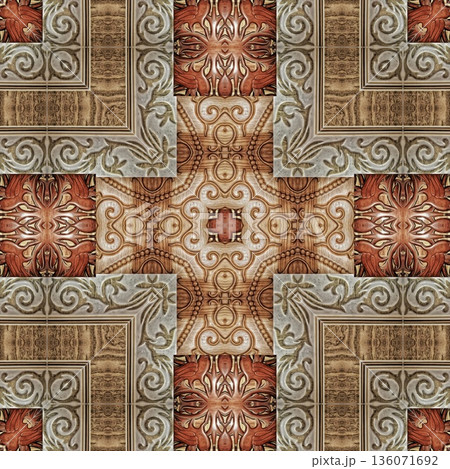 Design features an elegant wooden carved pattern inspired by traditional craftsmanship. Intricate relief and natural wood textures add warmth and depth, ideal for tiles, flooring, wall covering Design features an elegant wooden carved pattern inspired by traditional craftsmanship. Intricate relief and natural wood textures add warmth and depth, ideal for tiles, flooring, wall covering 136071692