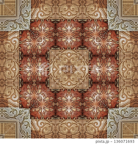 Design features an elegant wooden carved pattern inspired by traditional craftsmanship. Intricate relief and natural wood textures add warmth and depth, ideal for tiles, flooring, wall covering Design features an elegant wooden carved pattern inspired by traditional craftsmanship. Intricate relief and natural wood textures add warmth and depth, ideal for tiles, flooring, wall covering 136071693