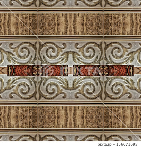 Design features an elegant wooden carved pattern inspired by traditional craftsmanship. Intricate relief and natural wood textures add warmth and depth, ideal for tiles, flooring, wall covering Design features an elegant wooden carved pattern inspired by traditional craftsmanship. Intricate relief and natural wood textures add warmth and depth, ideal for tiles, flooring, wall covering 136071695