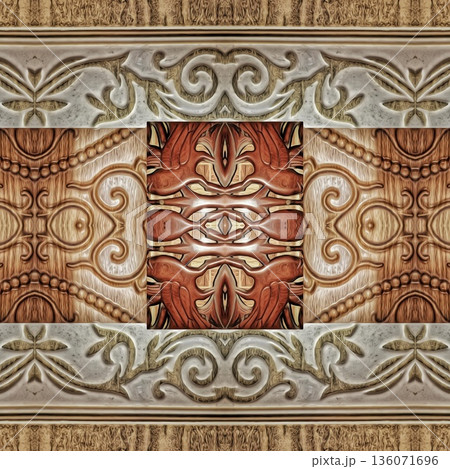 Design features an elegant wooden carved pattern inspired by traditional craftsmanship. Intricate relief and natural wood textures add warmth and depth, ideal for tiles, flooring, wall covering Design features an elegant wooden carved pattern inspired by traditional craftsmanship. Intricate relief and natural wood textures add warmth and depth, ideal for tiles, flooring, wall covering 136071696