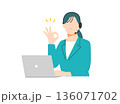 ヘッドセットをしたカスタマーセンターの女性がこちらを向いてOKサインを出しているイラスト 136071702