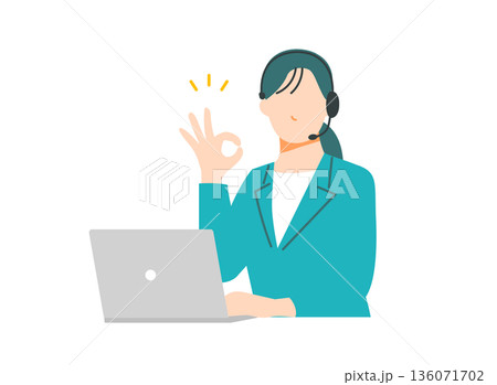 ヘッドセットをしたカスタマーセンターの女性がこちらを向いてOKサインを出しているイラスト 136071702