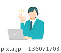 ヘッドセットをしたカスタマーセンターの男性がこちらを向いてOKサインを出しているイラスト 136071703