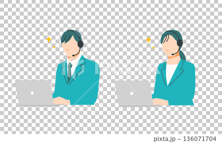 一組插圖，描繪了在呼叫中心工作的穿著西裝、神采奕奕的男女。 136071704