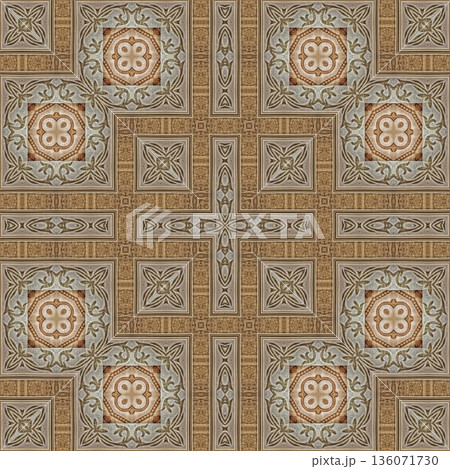 An elegant wooden carved design inspired by traditional craftsmanship, featuring detailed relief textures that add warmth and depth. Perfect for tiles, flooring, wall coverings, packaging, and furnish 136071730