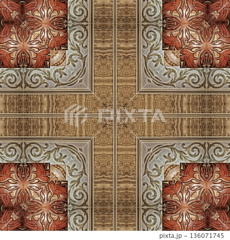 An elegant wooden carved design inspired by traditional craftsmanship, featuring detailed relief textures that add warmth and depth. Perfect for tiles, flooring, wall coverings, packaging, and furnish 136071745