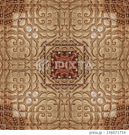 An elegant wooden carved design inspired by traditional craftsmanship, featuring detailed relief textures that add warmth and depth. Perfect for tiles, flooring, wall coverings, packaging, and furnish 136071754