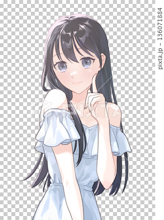一位留著黑色長髮的女子身著夏裝,雙手輕撫臉頰,擺出姿勢。 一位留著黑色長髮的女子身著夏裝,雙手輕撫臉頰,擺出姿勢。 136071884