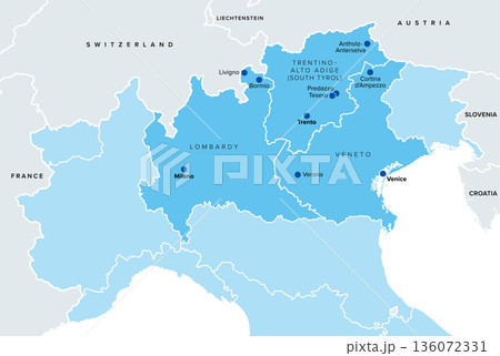 Milano Cortina 2026, Northern Italy, political map. Venues of an international multi-sport event that take place in the Italian regions Lombardy, Veneto, and Trentino-Alto Adige. Isolated. Vector Milano Cortina 2026, Northern Italy, political map. Venues of an international multi-sport event that take place in the Italian regions Lombardy, Veneto, and Trentino-Alto Adige. Isolated. Vector 136072331